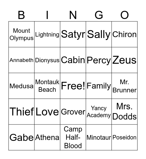 The Lightning Thief Bingo Card