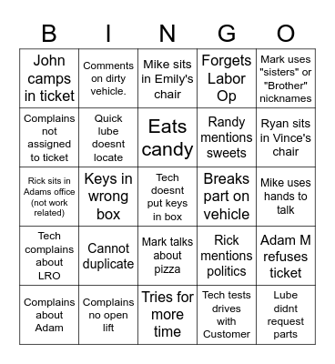 Customer Bingo Card
