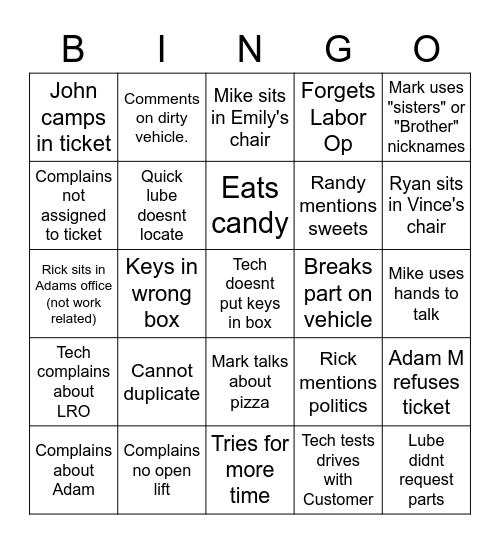 Customer Bingo Card