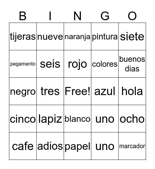 SPANISH/ESPANOL Bingo Card