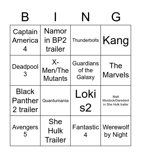 SDCC MARVEL Bingo Card