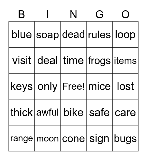 All Words Bingo Card