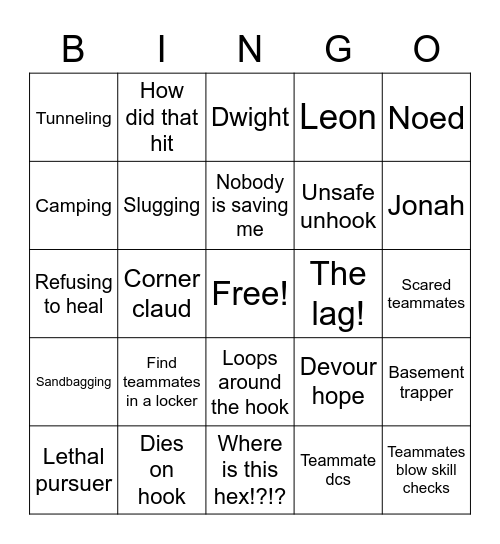 I hate dbd Bingo Card