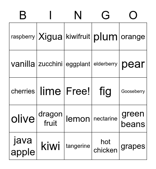 Food & Vegetables Bingo Card