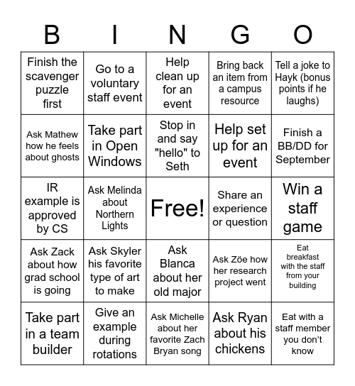 RA Staff Bingo Card