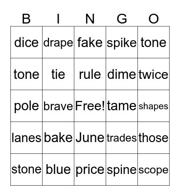 Silent E words Bingo Card