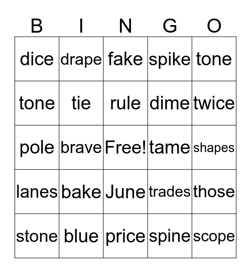 Silent E words Bingo Card