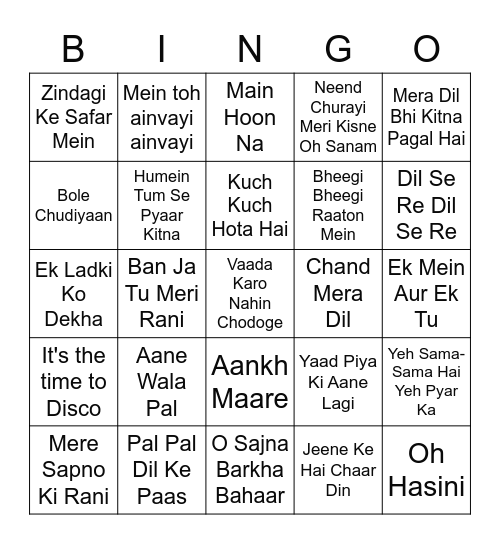 BOLLYWOOD MUSIC Bingo Card