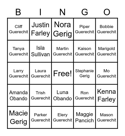 Guerechit Family Member Bingo Card