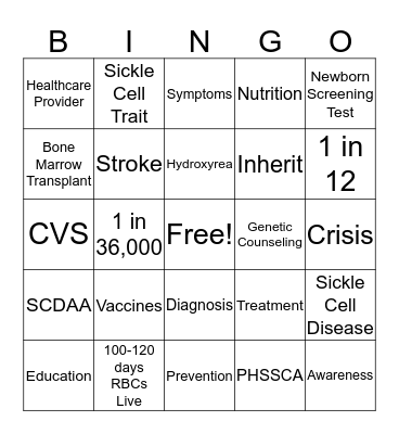 SICKLE CELL DISEASE Bingo Card