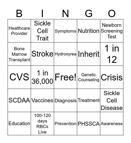 SICKLE CELL DISEASE Bingo Card