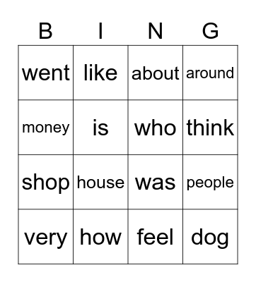 Group 1 Bingo Card