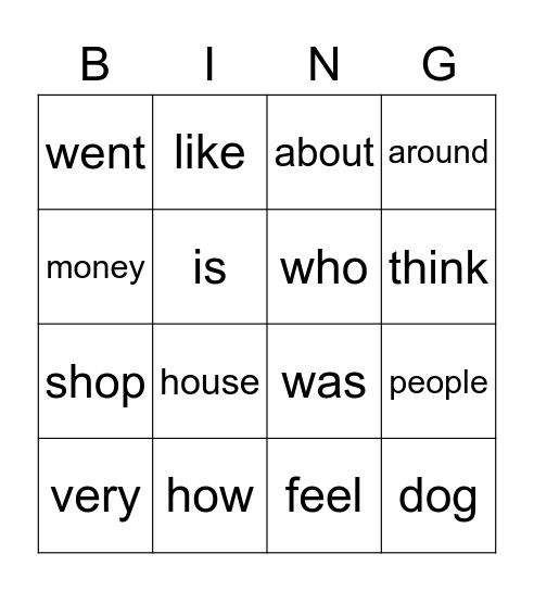 Group 1 Bingo Card