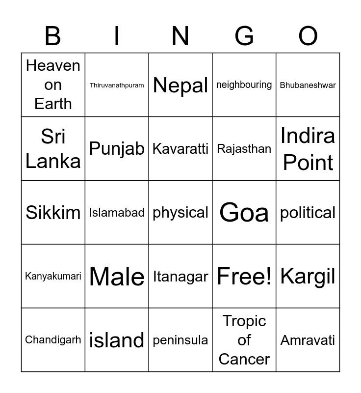 India Bingo Card