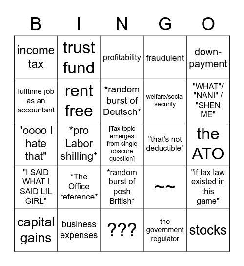 Julius talks tax in talky teatime Bingo Card