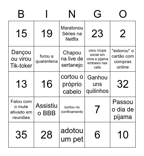 Bingo da Quarentena e Números Bingo Card