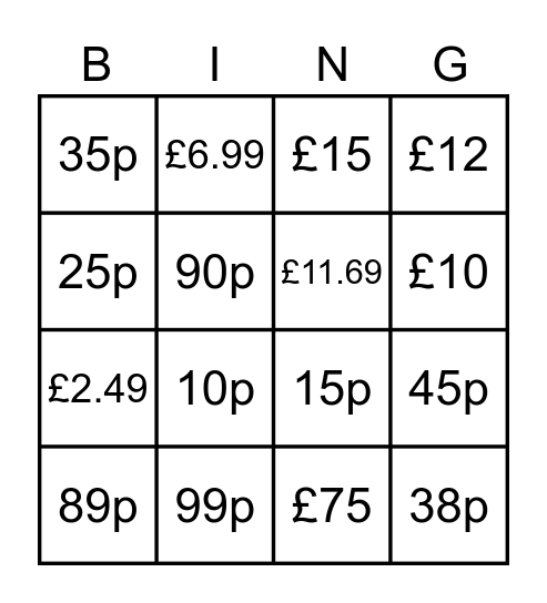 Price Bingo Card
