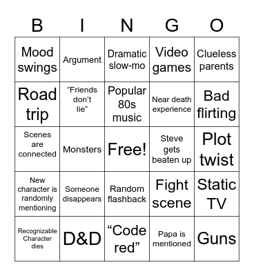 Stranger things bingo Card