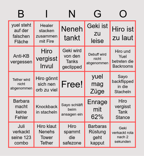 Friendly Fire P4S Bingo Card