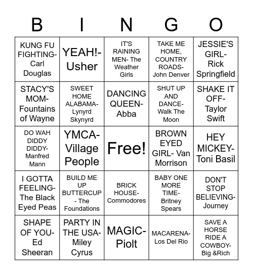 DSP Musical Bingo Card