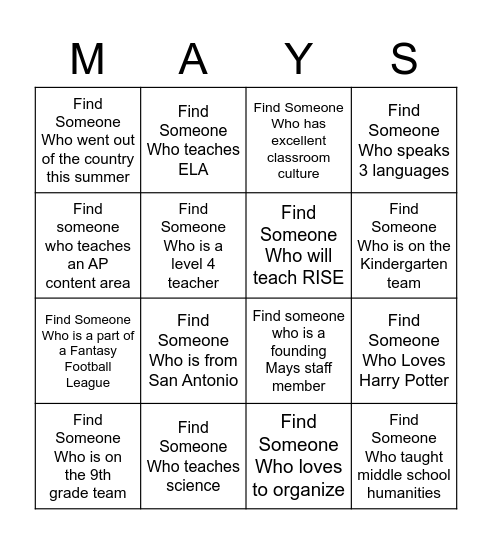 Find Someone at a Bingo Card