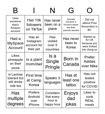 Camp Korea 2022 Bingo Ice Breaker Bingo Card