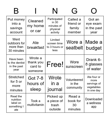 Holistic Wellness Bingo Card