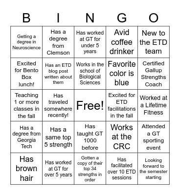 ETD Lunch and Learn Bingo Card