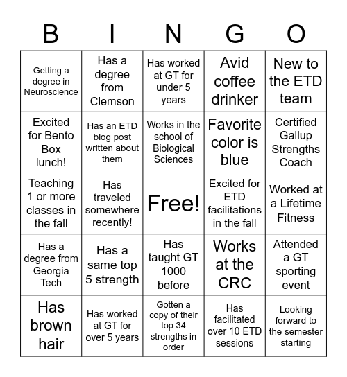 ETD Lunch and Learn Bingo Card