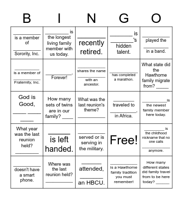 Hawthorne Family Reunion Bingo Card