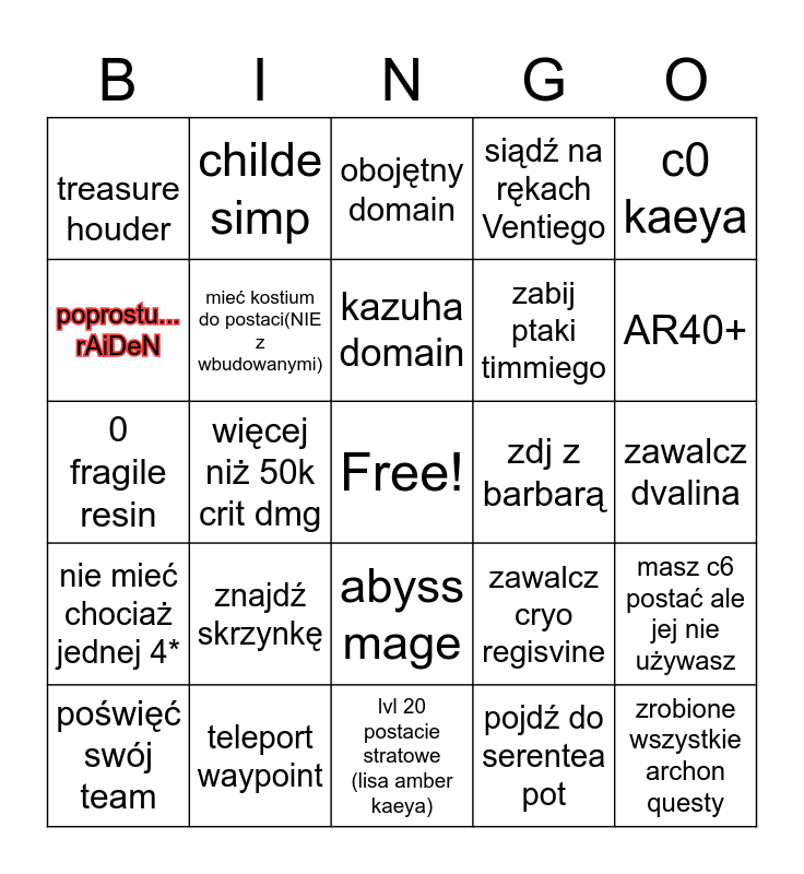 Genshin Bingo! (polish) Bingo Card