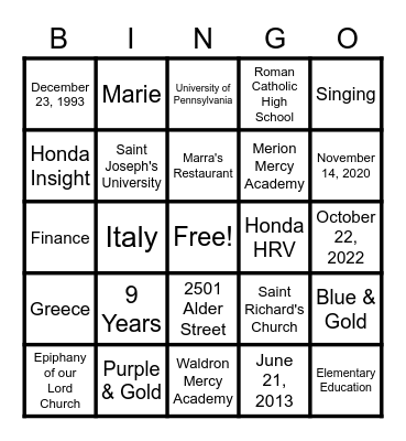 NICOLE AND DAVE BINGO Card