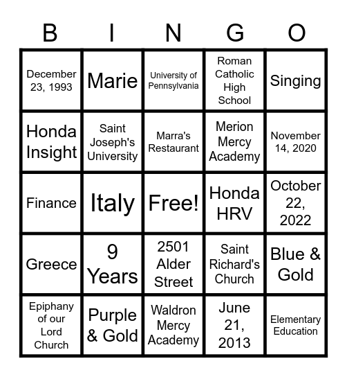 NICOLE AND DAVE BINGO Card