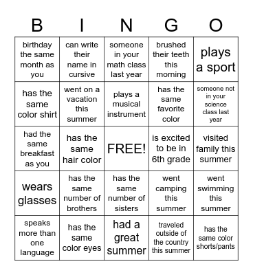 Classmate BINGO Card