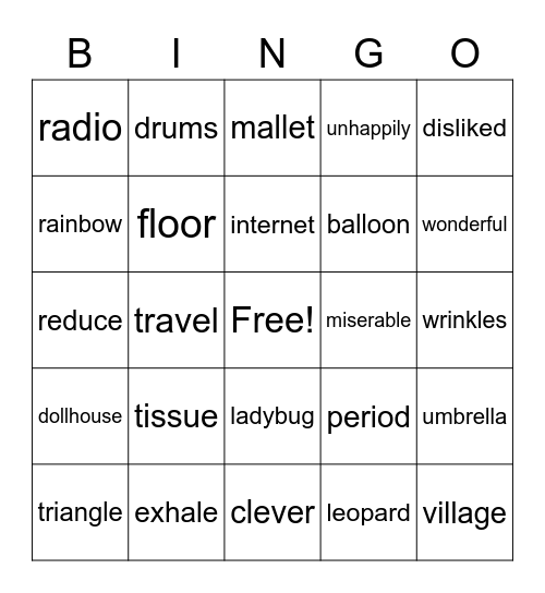 All Words 4 Bingo Card
