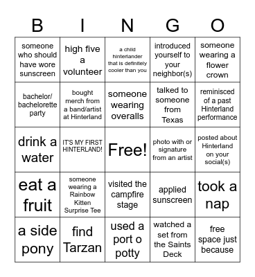 2022 Hinterland BINGO! Bingo Card