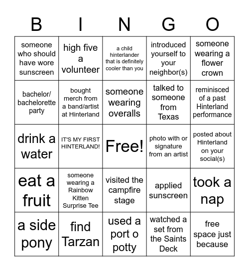 2022 Hinterland BINGO! Bingo Card