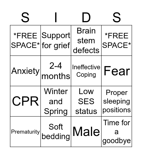 SIDS Bingo Card