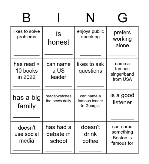 Find someone who . . . Bingo Card