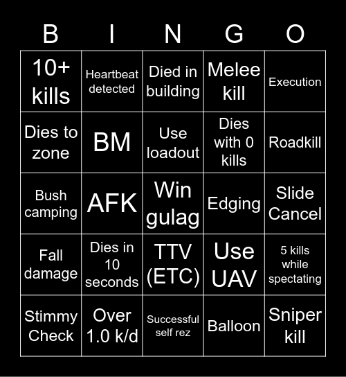 Warzone Bingo Card