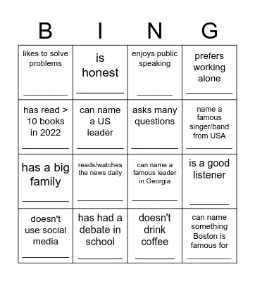 Find someone who . . . Bingo Card