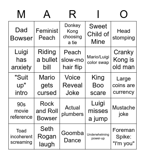 Mario Teaser Trailer Bingo Card