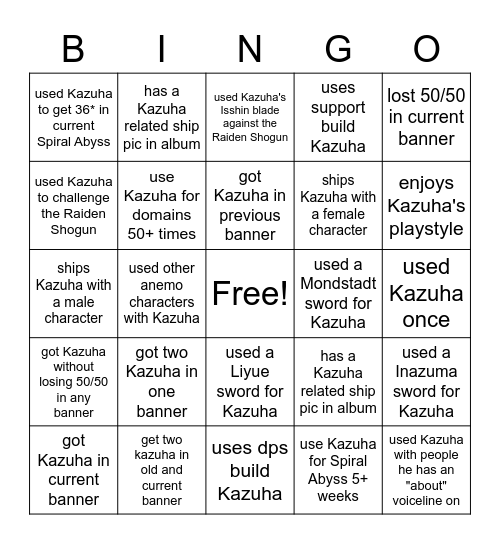 Kazuha Bingo Card