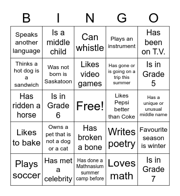 Mathnasium Summer Camp Bingo Card