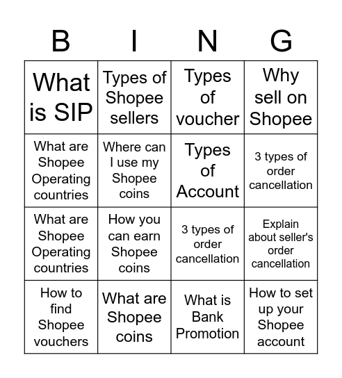 Shopee Topic Bingo Card