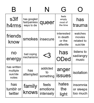 suic!dal bingo Card