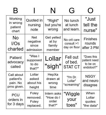 Lollar SICU Livin Bingo Card