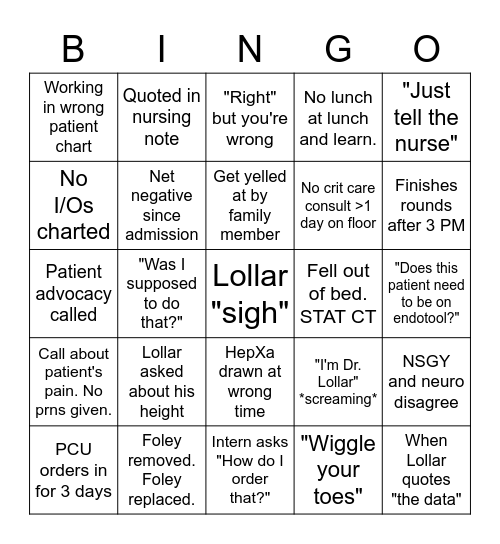 Lollar SICU Livin Bingo Card