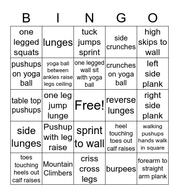 Bingo Fitness Bingo Card