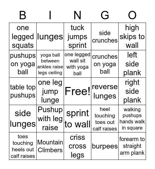 Bingo Fitness Bingo Card